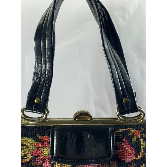 Women's Black Needle-Point Vintage 60's Square Tapestry Carpet Chic Shoulder Bag - Picture 4 of 10
